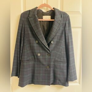 Babaton Navy and Gray Plaid Double-Breasted Blazer